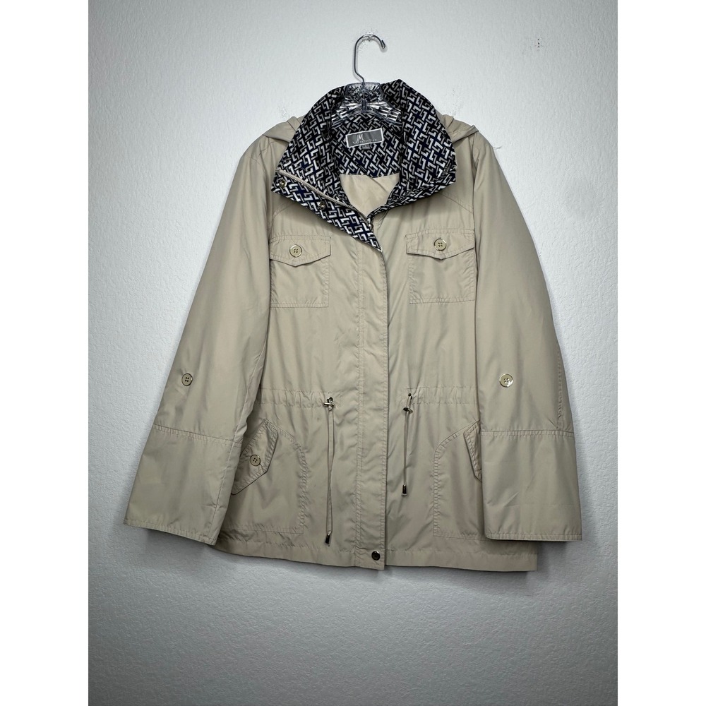 JM Collection Womens Tan Khaki Hooded Utility Rain Jacket Contrast Trim Size‎ L